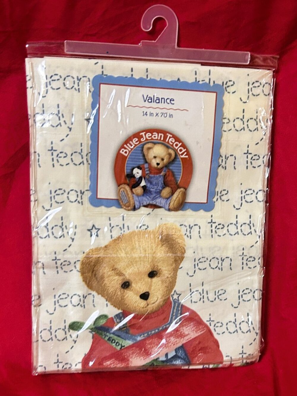 vintage~cotton Window Valance~Blue Jean Teddy Bear baby crib nursery~14" x 70"